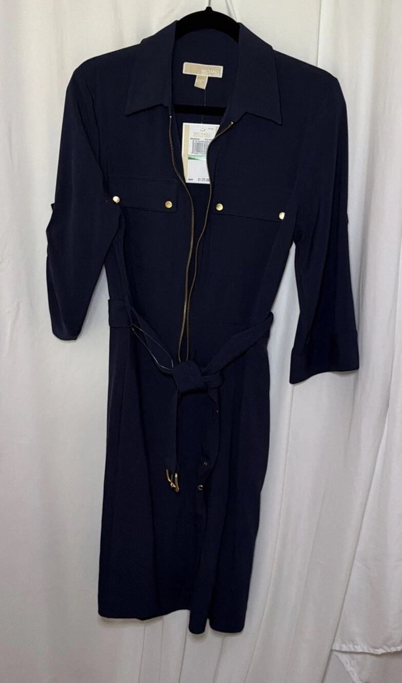 Michael Kors Navy Belted Pleated Skirt Shirt Dress size Large